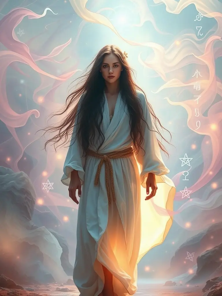 A person surrounded by swirling pastel colors symbolizing the journey through past lives.